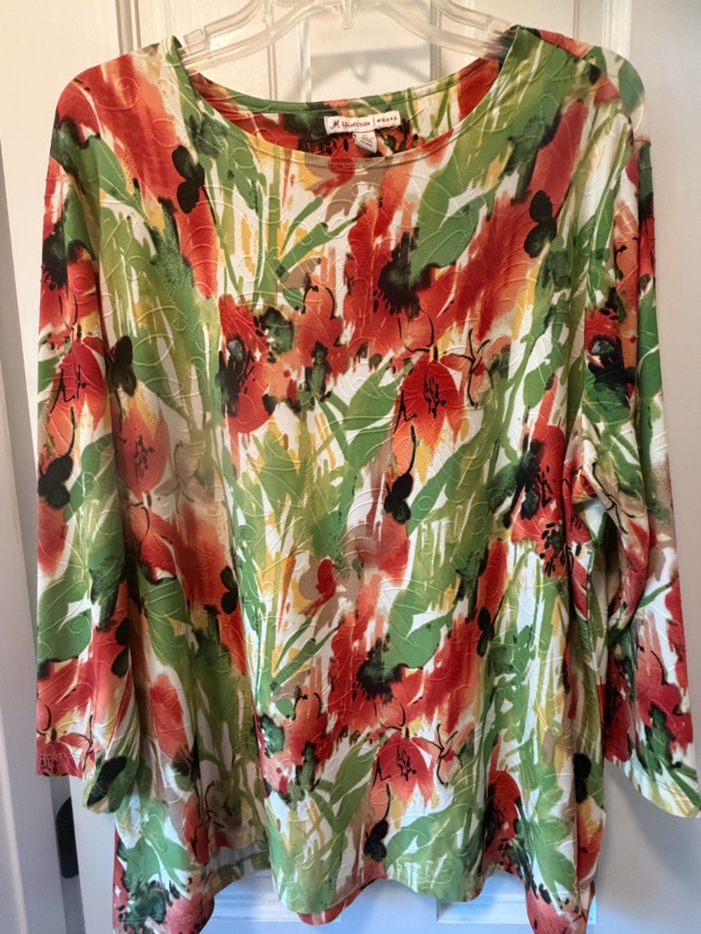 JM Collection Floral Long Sleeve Tee in Green, Orange & Red